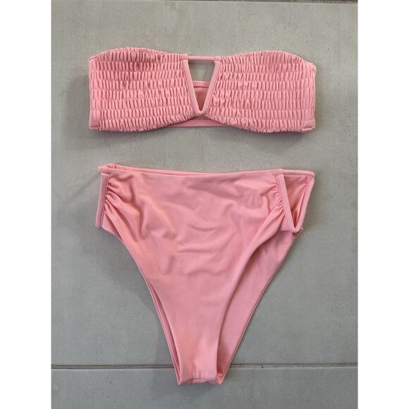 Tori Praver Bikini Swimsuit High Waist Smocked Bandeau Swimwear